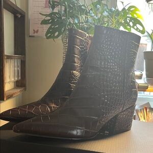 Marc Fisher Brown Croc-Embossed Ankle Boots
